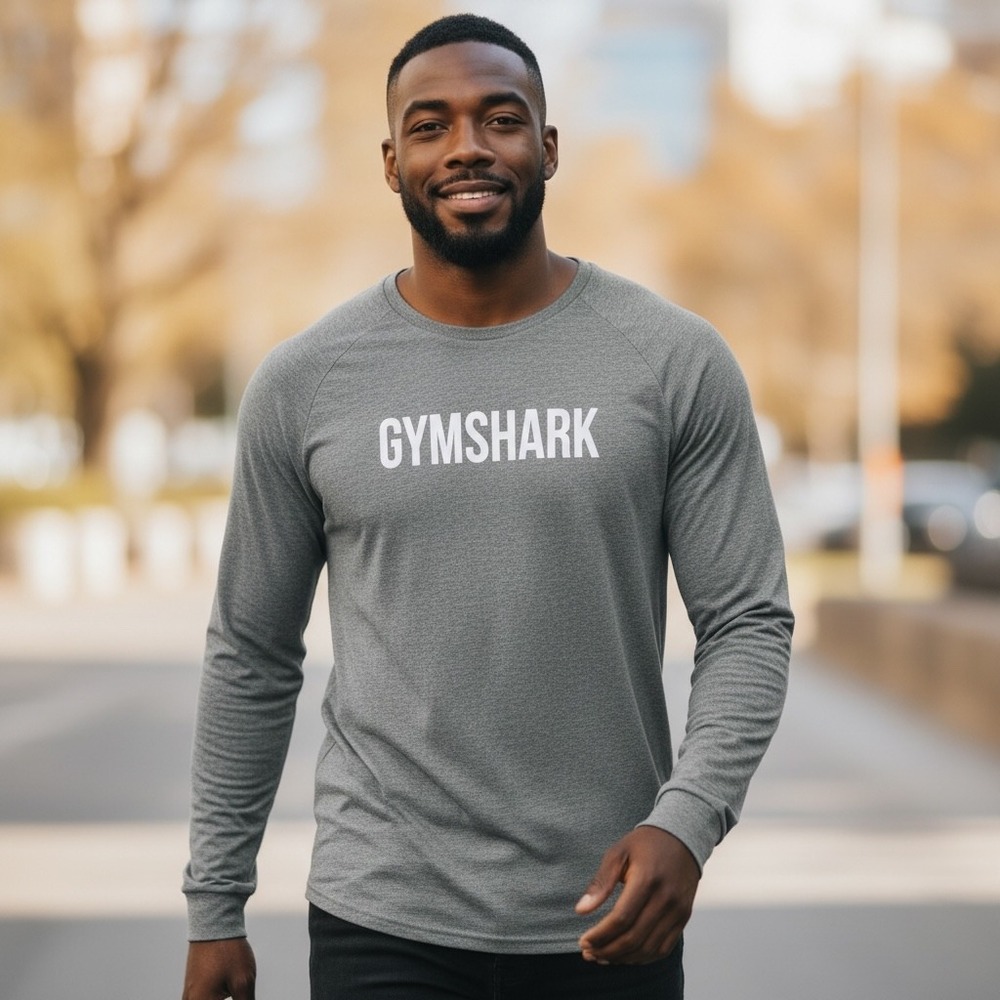 GYMSHARK Gray Long Sleeve T Shirt Mens XXL Gym Workout Athletic Casual Crossfit‎